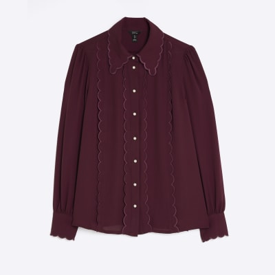 Red Scallop Trim Chiffon Shirt