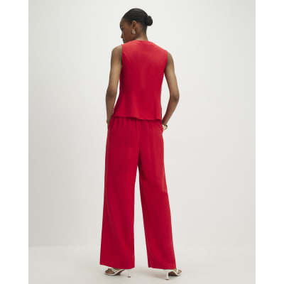 Red Scallop Trim Wide Leg Trousers
