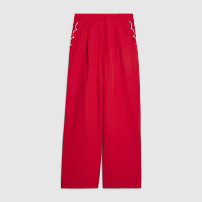 Red Scallop Trim Wide Leg Trousers