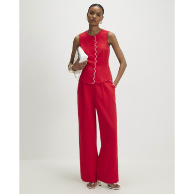 Red Scallop Trim Wide Leg Trousers