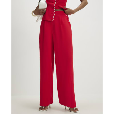 Red Scallop Trim Wide Leg Trousers