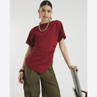 Red Short Sleeve Drape Side T-shirt