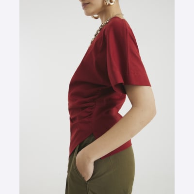 Red Short Sleeve Drape Side T-shirt