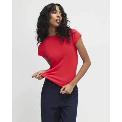 Red Short Sleeve Fitted Ribbed T-shirt