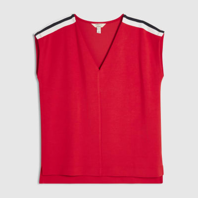 Red Short Sleeve Tape Detail V Neck Top