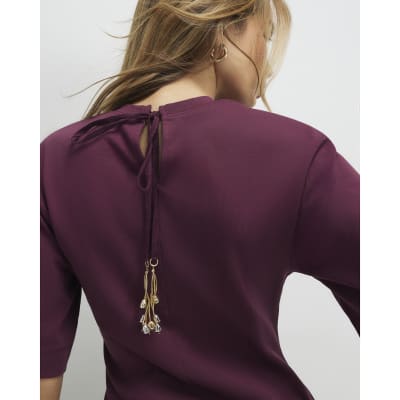 Red Short Sleeve Tie Back Seamed Top