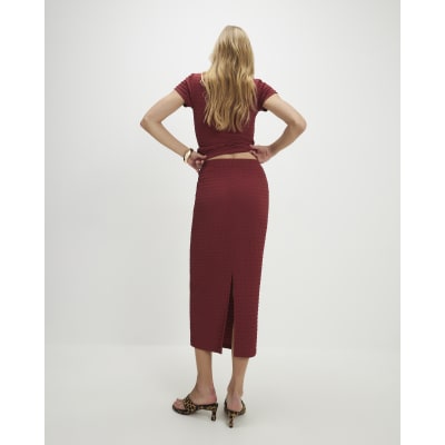 Red Textured Midi Skirt