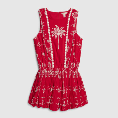 Red Tropical Print Embroidered Playsuit