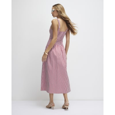 Red V Neck Stripe Midi Dress