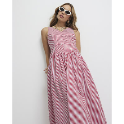 Red V Neck Stripe Midi Dress