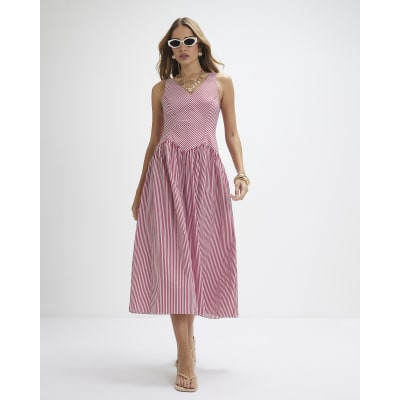 Red V Neck Stripe Midi Dress