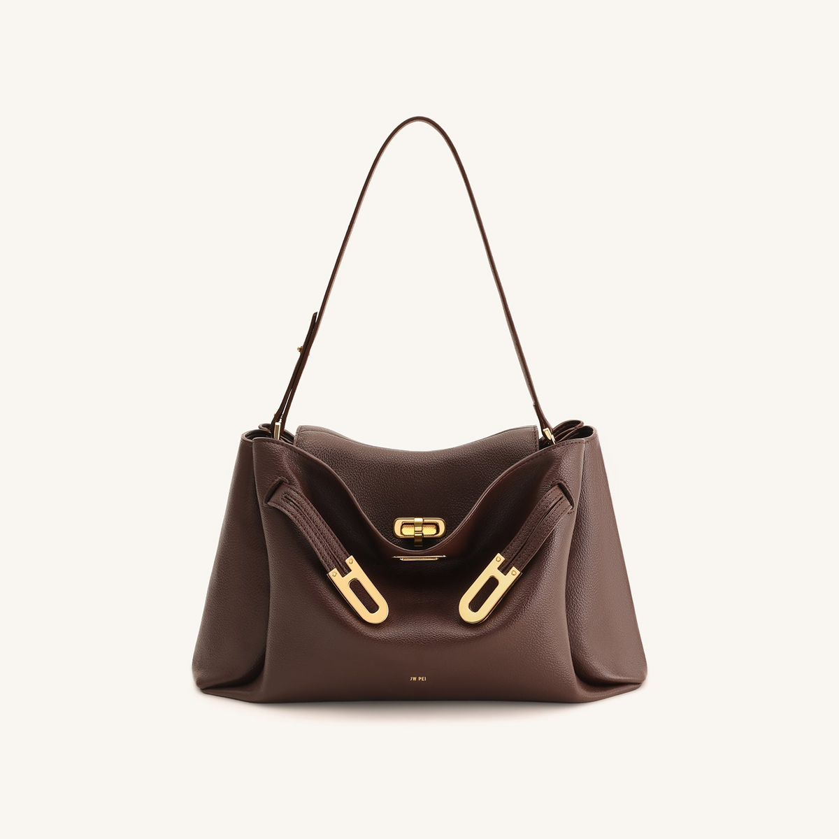Rhea Pebbled Double Buckle Shoulder Bag - Dark Brown