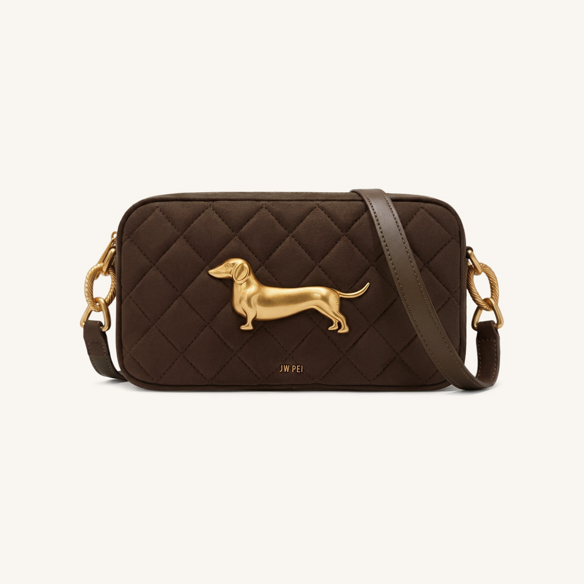 Riley Faux Suede Dachshund Quilted Shoulder Bag - Dark Brown