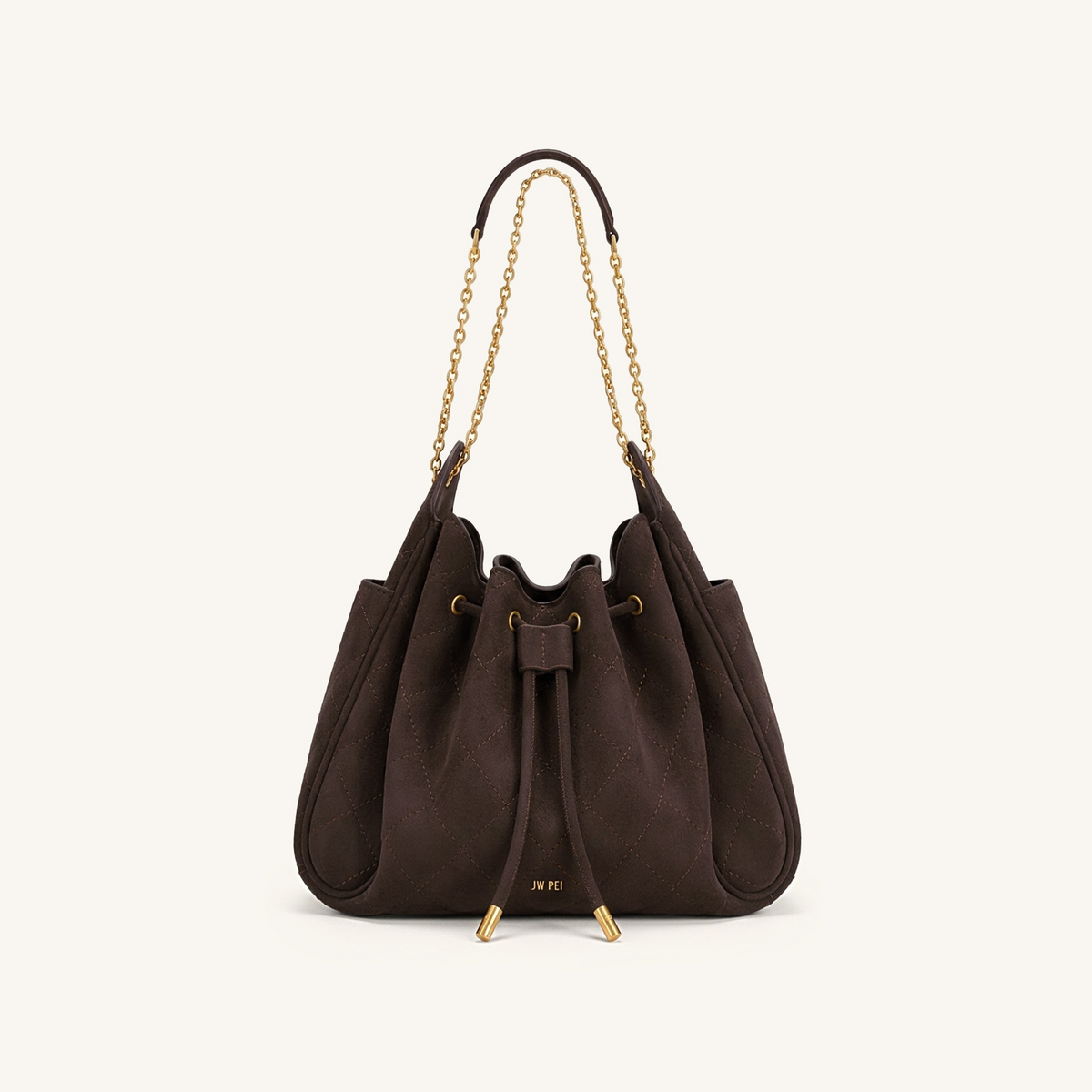 Rowan Faux Suede Quilted Chain Bucket Bag - Dark Brown