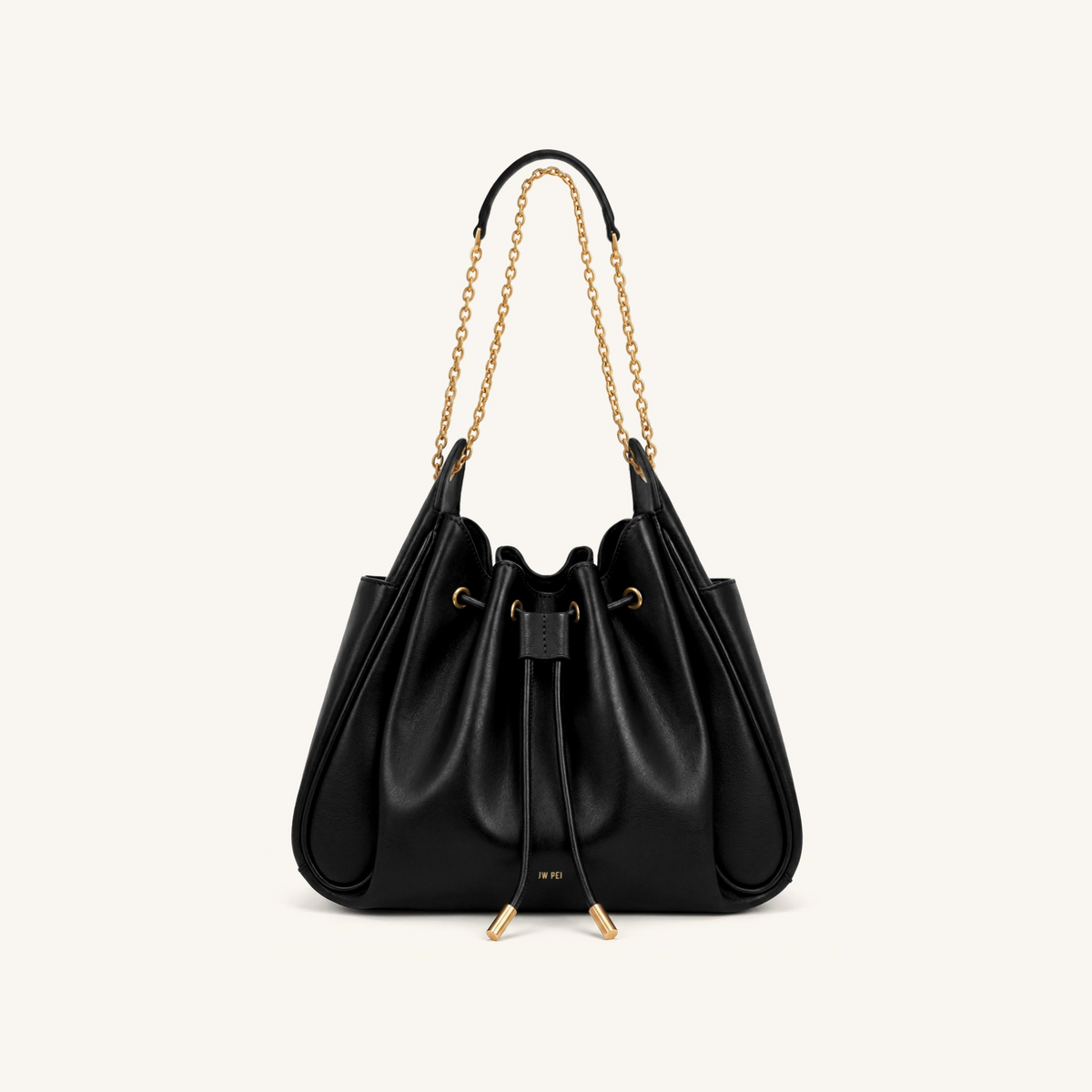 Rowan Ruched Drawstring Chain Bucket Bag - Black
