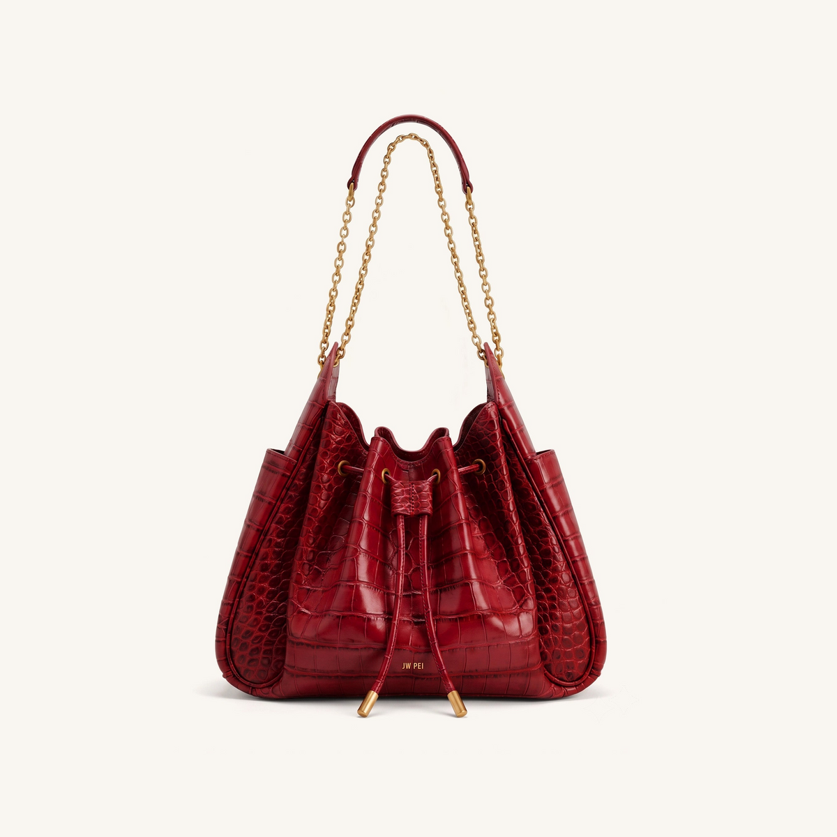 Rowan Ruched Drawstring Chain Bucket Bag - Dark Red Croc