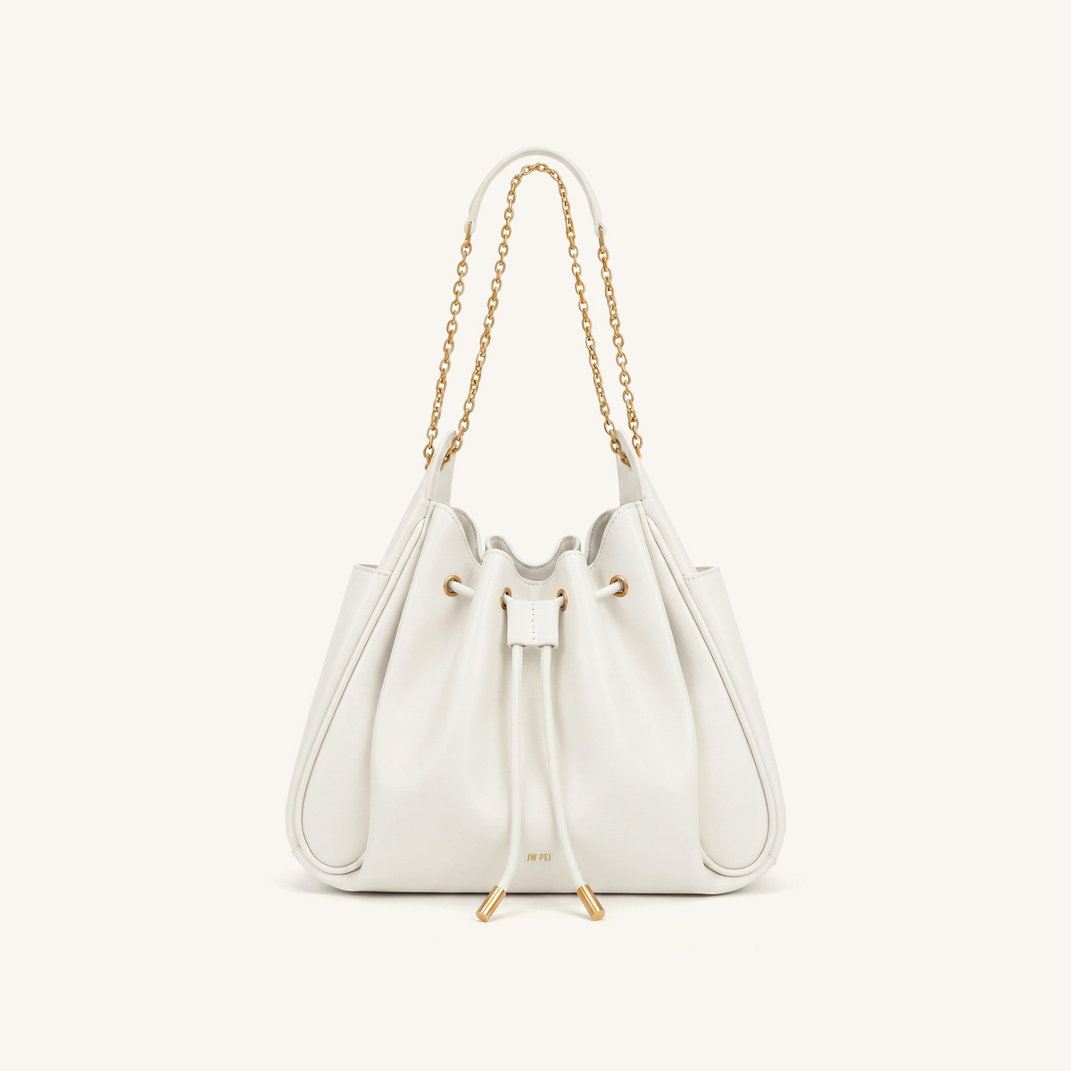 Rowan Ruched Drawstring Chain Bucket Bag - Ivory