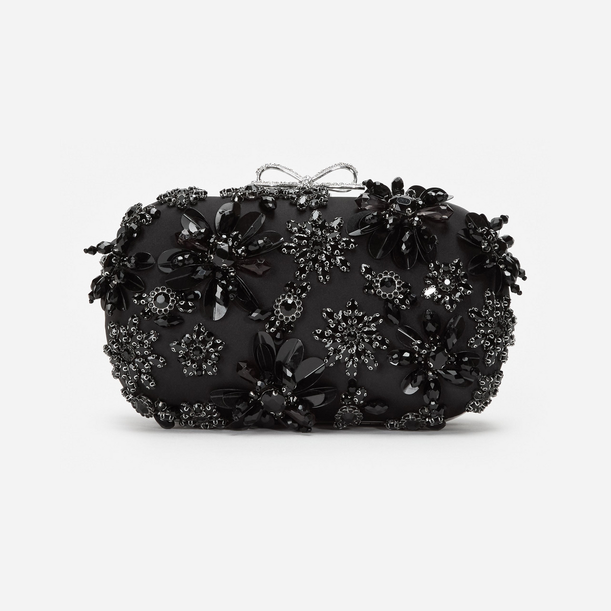 Black Satin Floral Crystal Clutch Bag