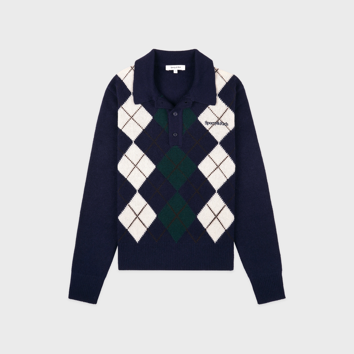 Serif Logo Argyle Cashmere Polo - Navy/Forest/Ecru