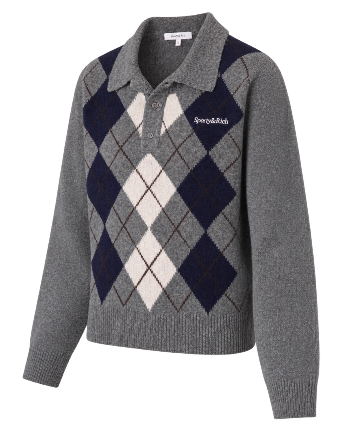 Serif Logo Argyle Cashmere Polo - Gray/Navy/Ecru