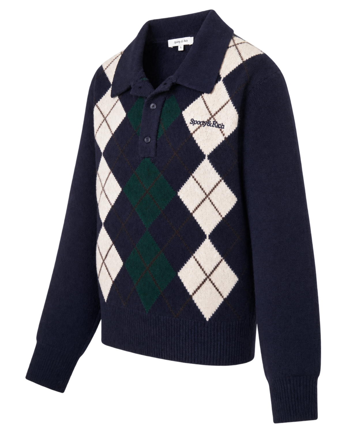 Serif Logo Argyle Cashmere Polo - Navy/Forest/Ecru