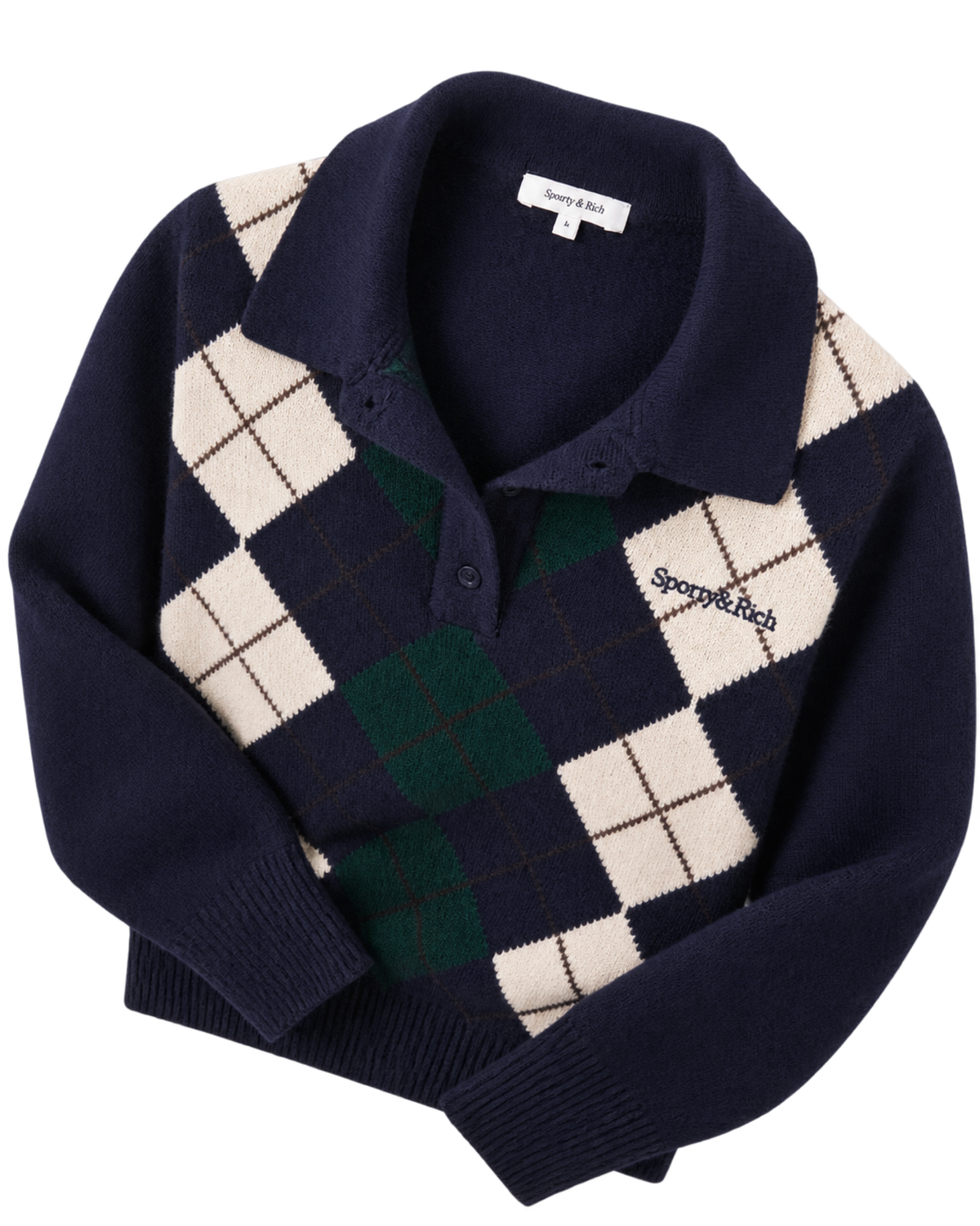 Serif Logo Argyle Cashmere Polo - Navy/Forest/Ecru