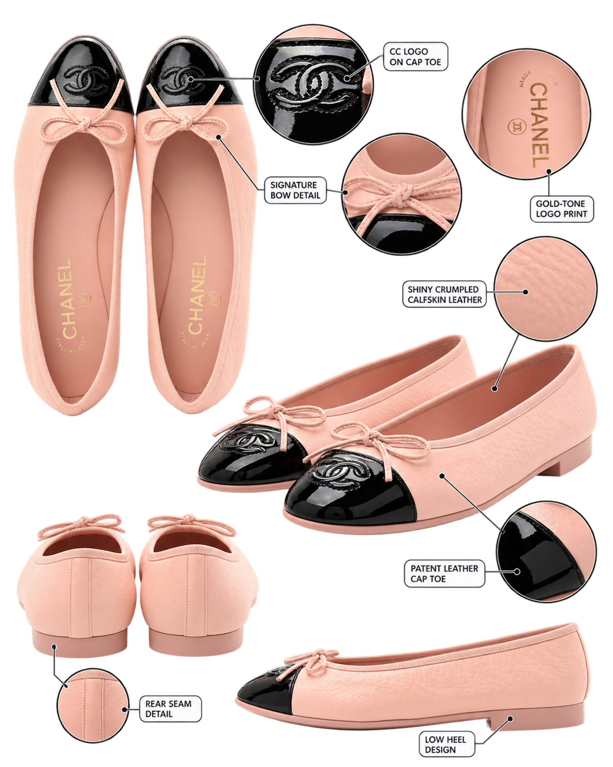 Shiny Crumpled Calfskin Patent CC Cap Toe Ballerina Flats