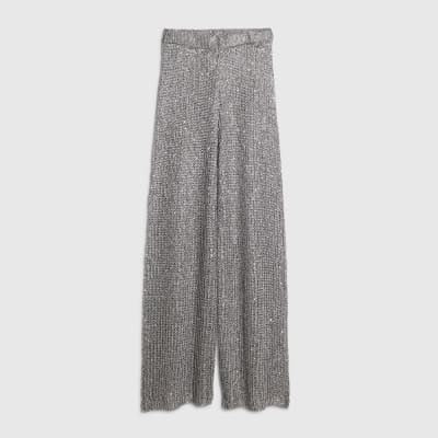 Silver Metallic Knit Wide Leg Trousers