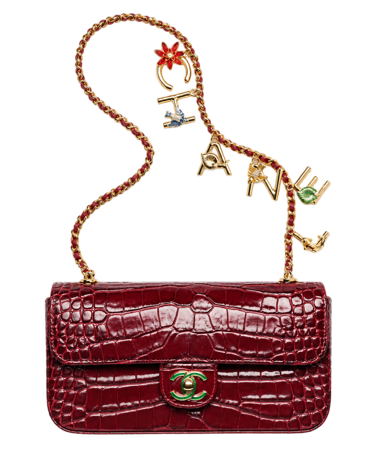 Small Flap Bag Crocodile Embossed Calfskin, Enamel & Gold-Tone Metal Dark Burgundy