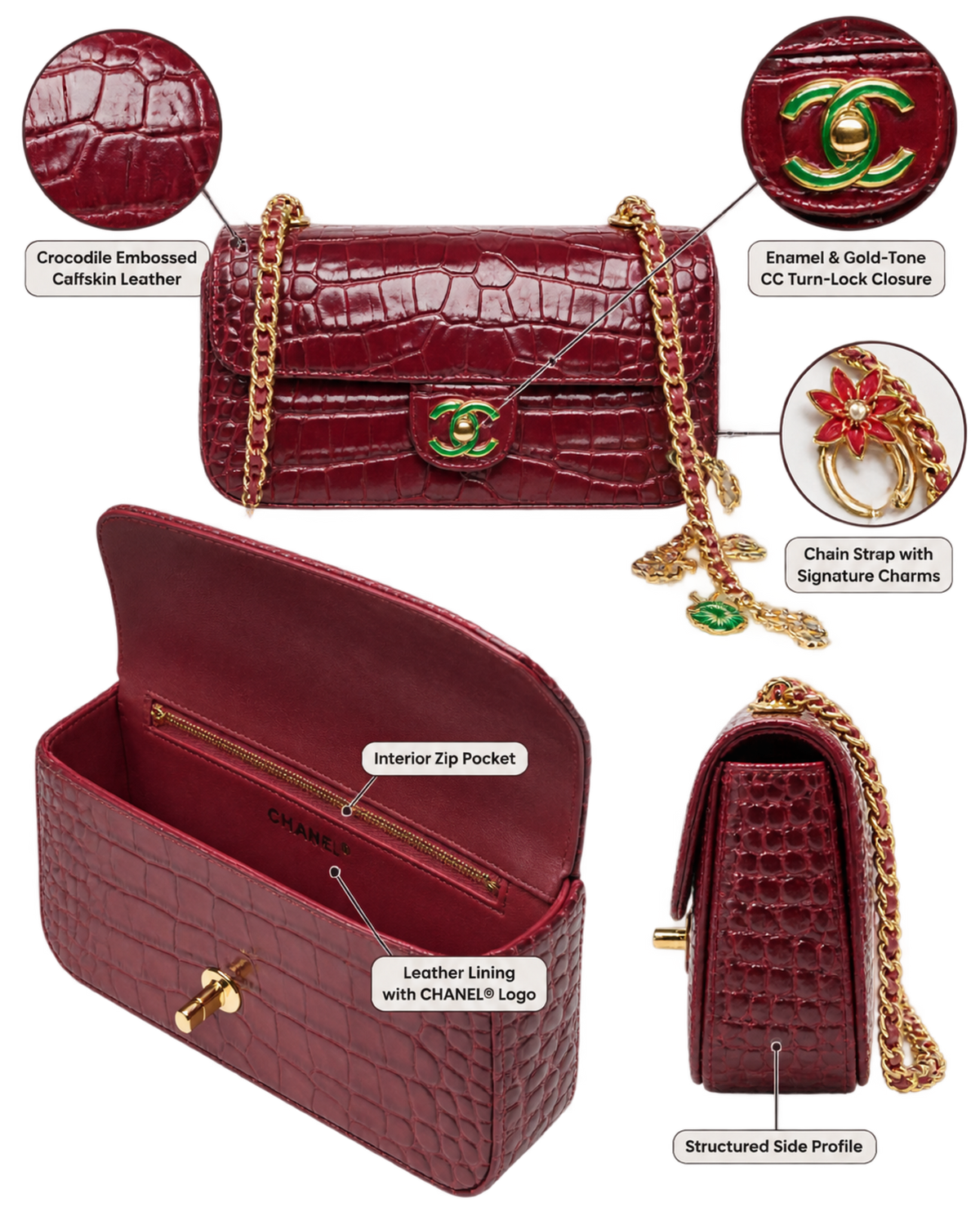 Small Flap Bag Crocodile Embossed Calfskin, Enamel & Gold-Tone Metal Dark Burgundy