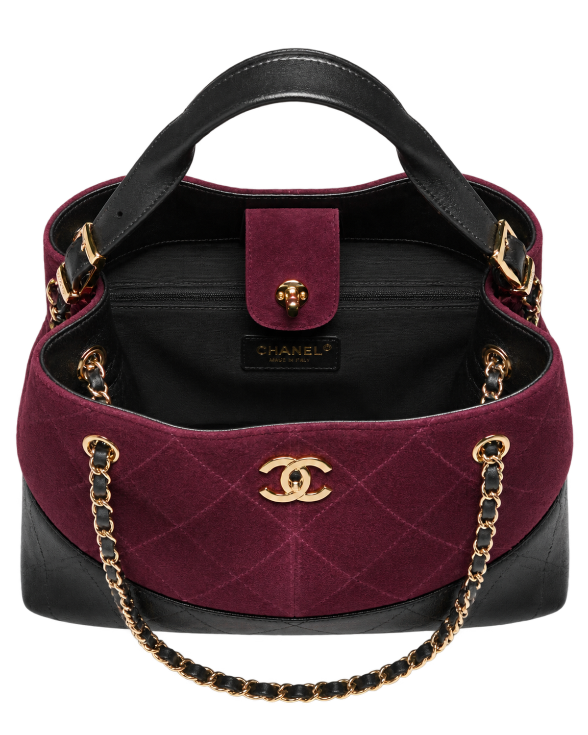 Small Tote Suede Calfskin, Shiny Lambskin & Gold-Tone Metal Burgundy & Black