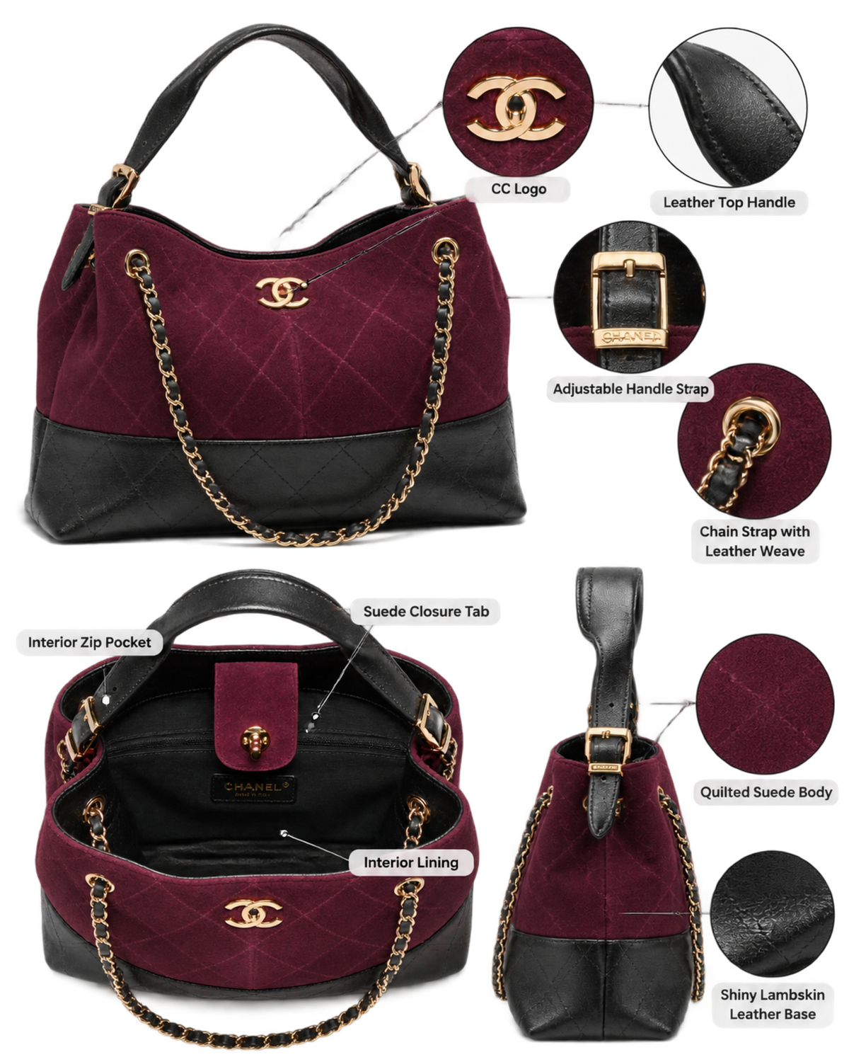 Small Tote Suede Calfskin, Shiny Lambskin & Gold-Tone Metal Burgundy & Black