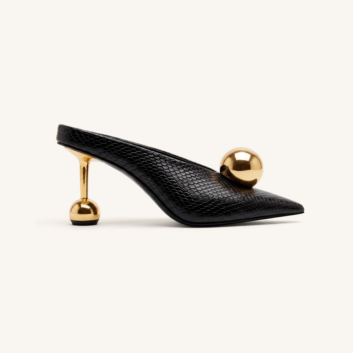 Sofia Angled Vamp Snakeskin Heel Mules - Black
