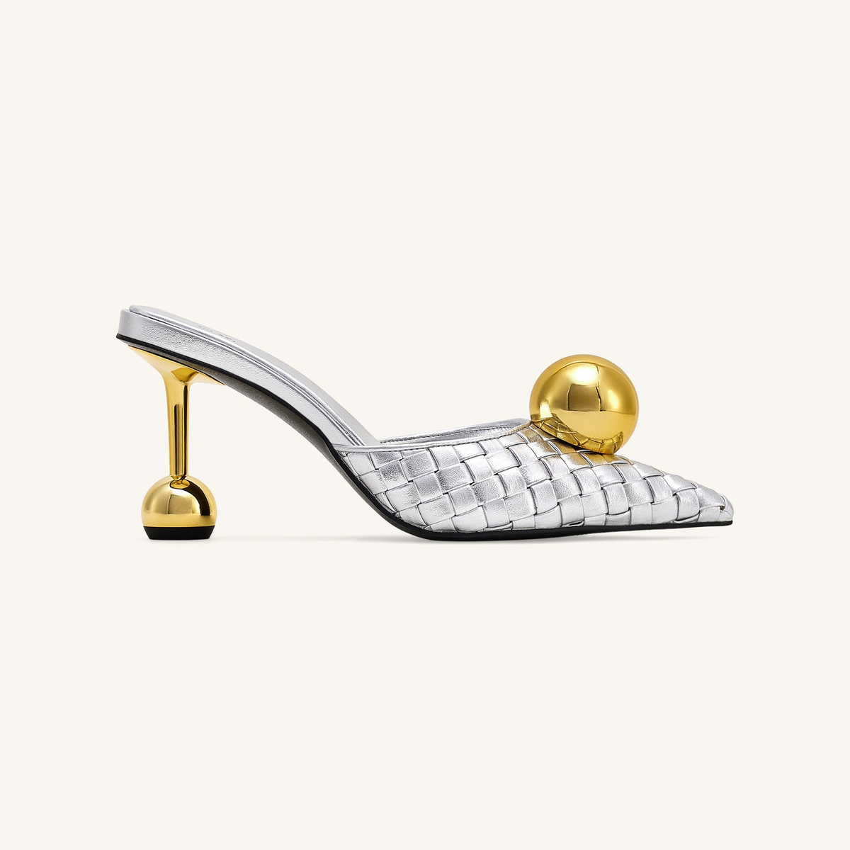 Sofia Woven Sphere Heel Mules - Silver & Gold