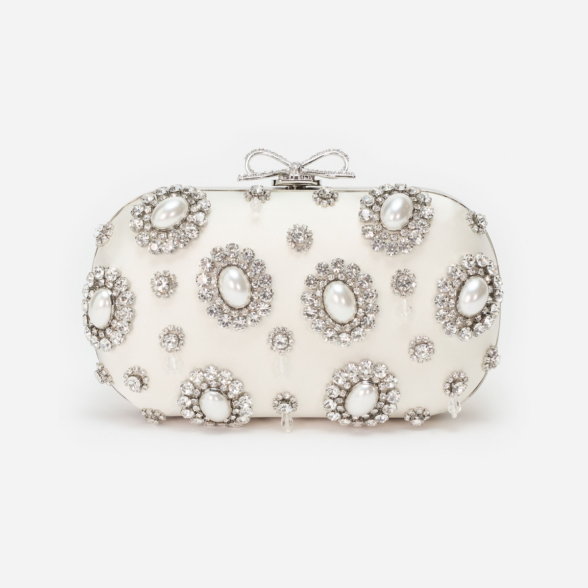 Cream Satin Multi Crystal Clutch Bag