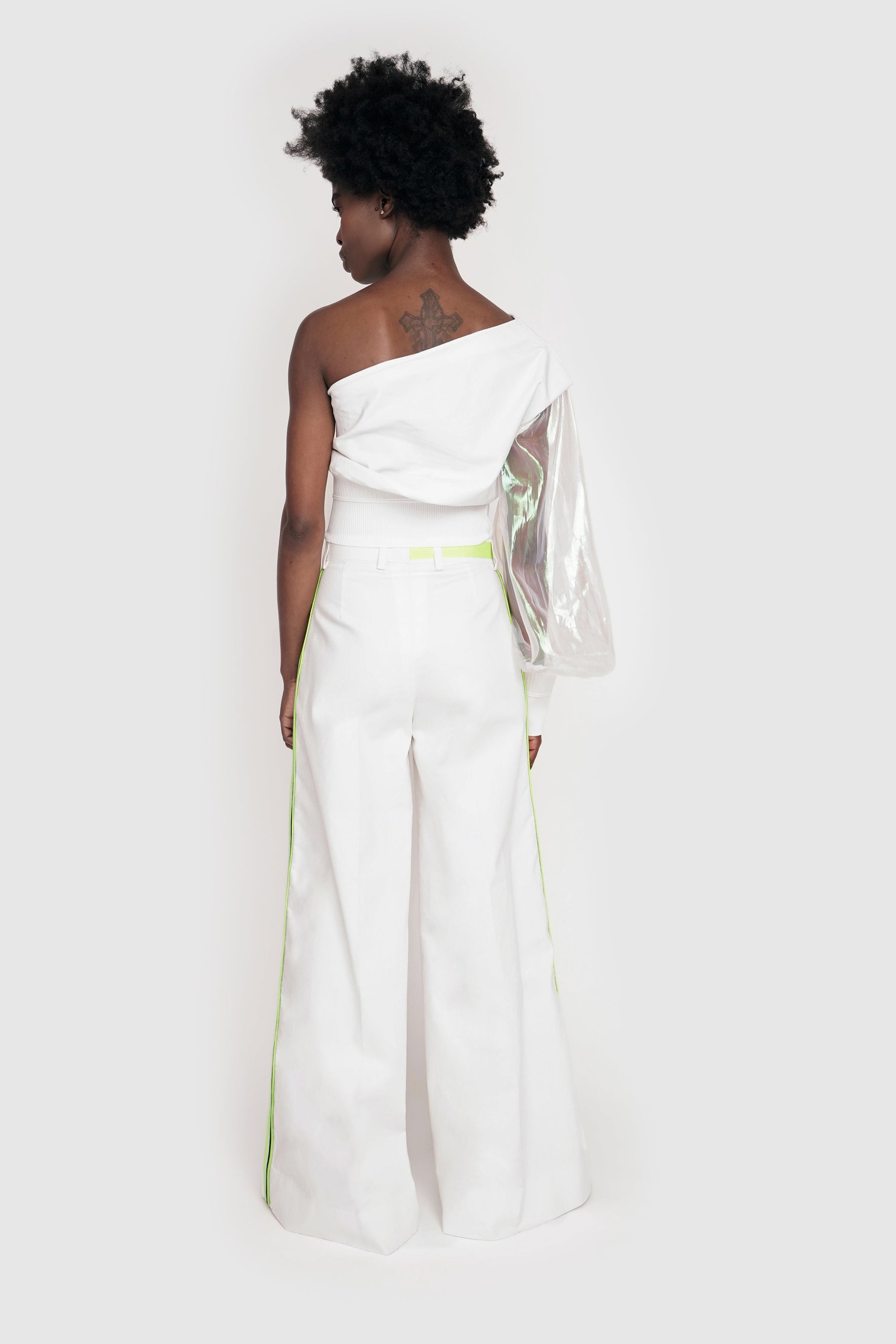 ONE SHOULDER TOP WITH IRIDESCENT SLEEVE