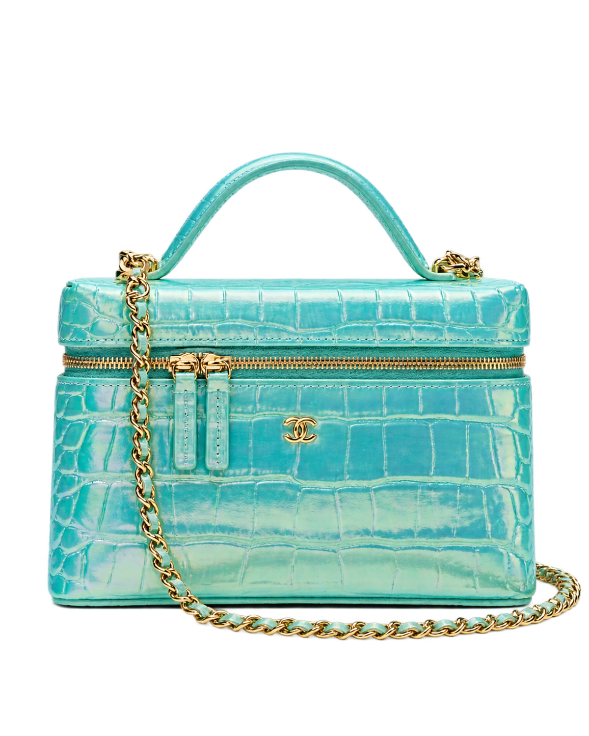 Vanity with Chain Crocodile Embossed Iridescent Calfskin & Gold-Tone Metal Turquoise
