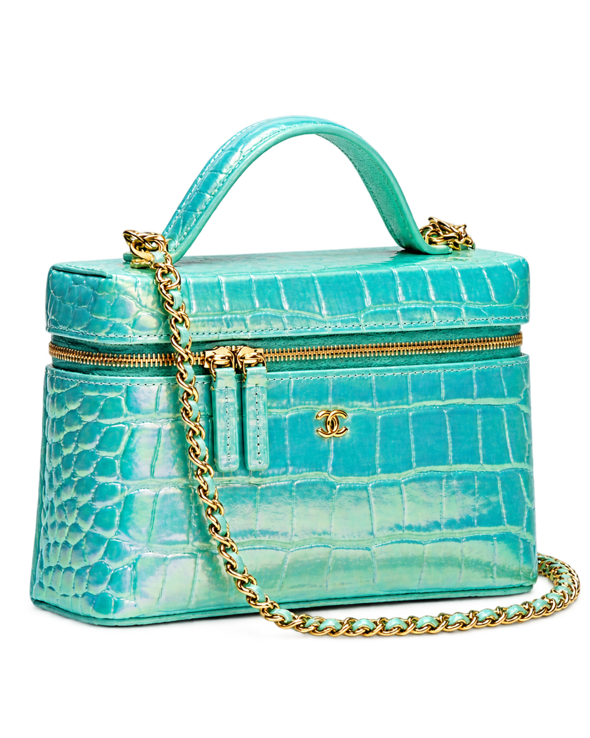 Vanity with Chain Crocodile Embossed Iridescent Calfskin & Gold-Tone Metal Turquoise