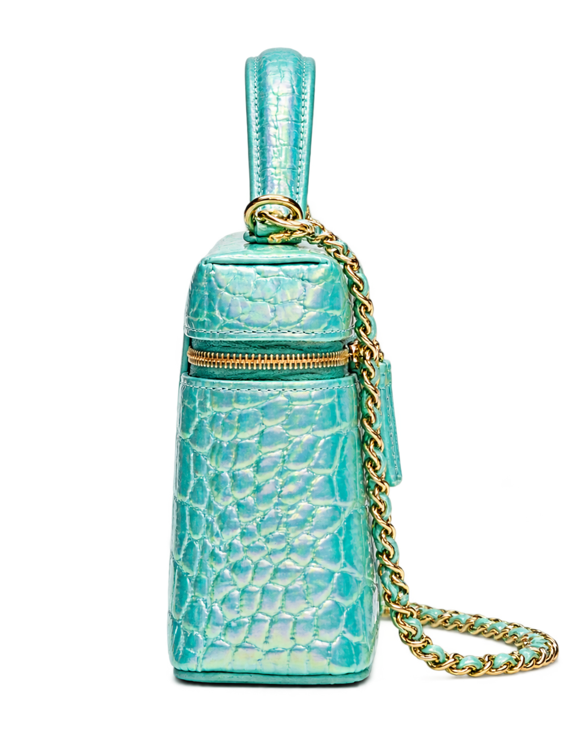 Vanity with Chain Crocodile Embossed Iridescent Calfskin & Gold-Tone Metal Turquoise