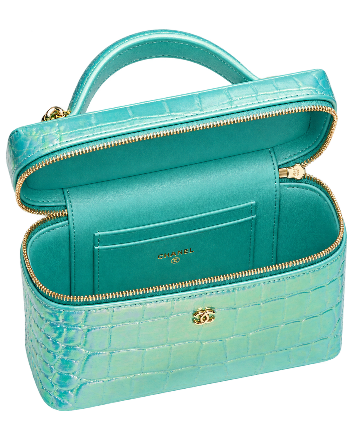 Vanity with Chain Crocodile Embossed Iridescent Calfskin & Gold-Tone Metal Turquoise