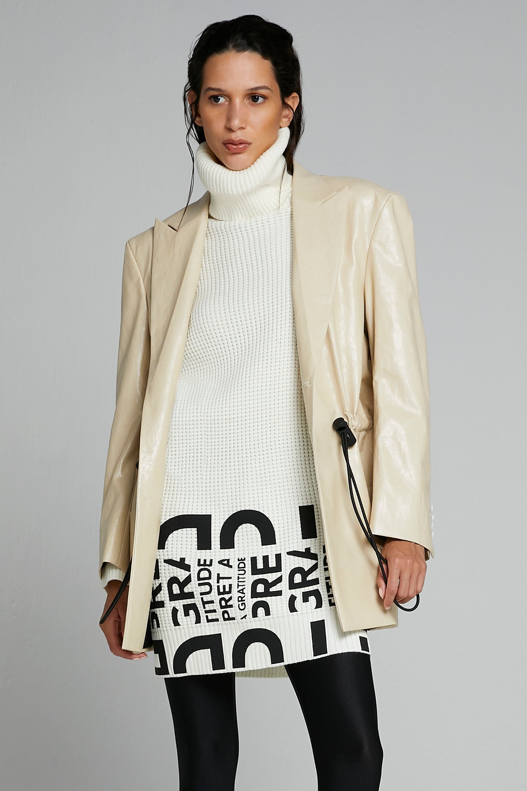 OVERSIZED VEGAN LEATHER BLAZER W/ DRAWSTRING