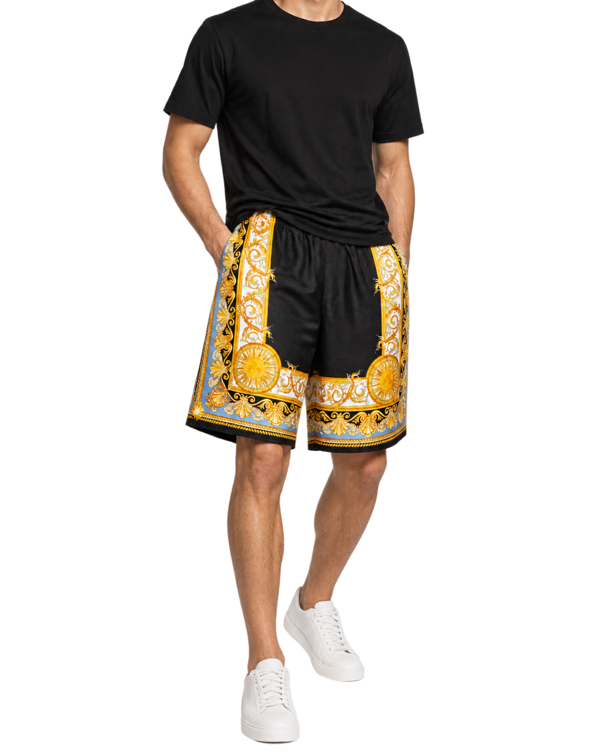 VERSACE Barocco Palm Print Silk Shorts