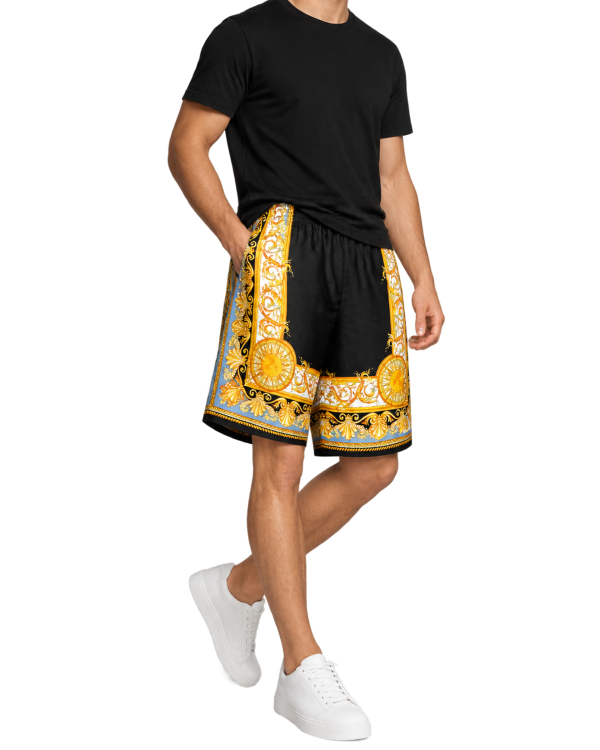 VERSACE Barocco Palm Print Silk Shorts
