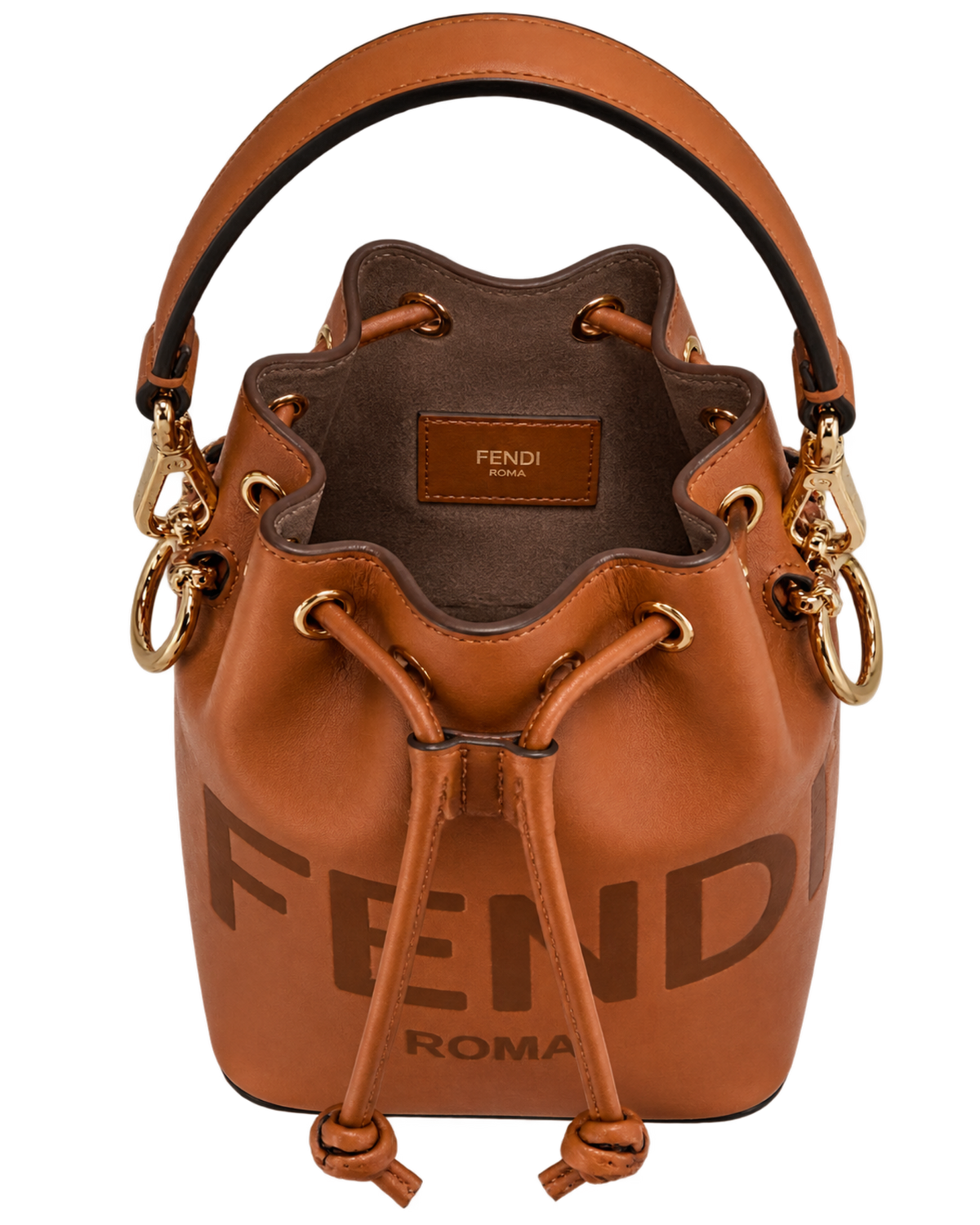 Vitello King F is Fendi Logo Embossed Mini Mon Tresor Bucket Bag Cuoio