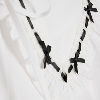 White Collared Bow Trim Poplin Shirt