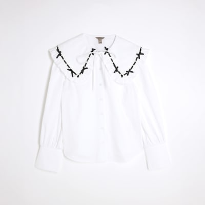 White Collared Bow Trim Poplin Shirt
