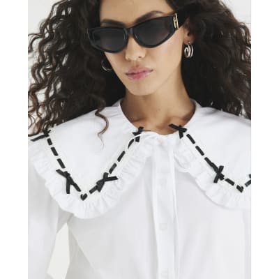 White Collared Bow Trim Poplin Shirt