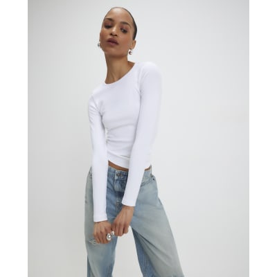White Cotton Long Sleeve Fitted Top