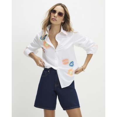 White Embroidered Graphic Shirt
