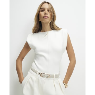 White Fitted Knit Sleeveless Top
